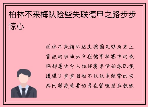柏林不来梅队险些失联德甲之路步步惊心